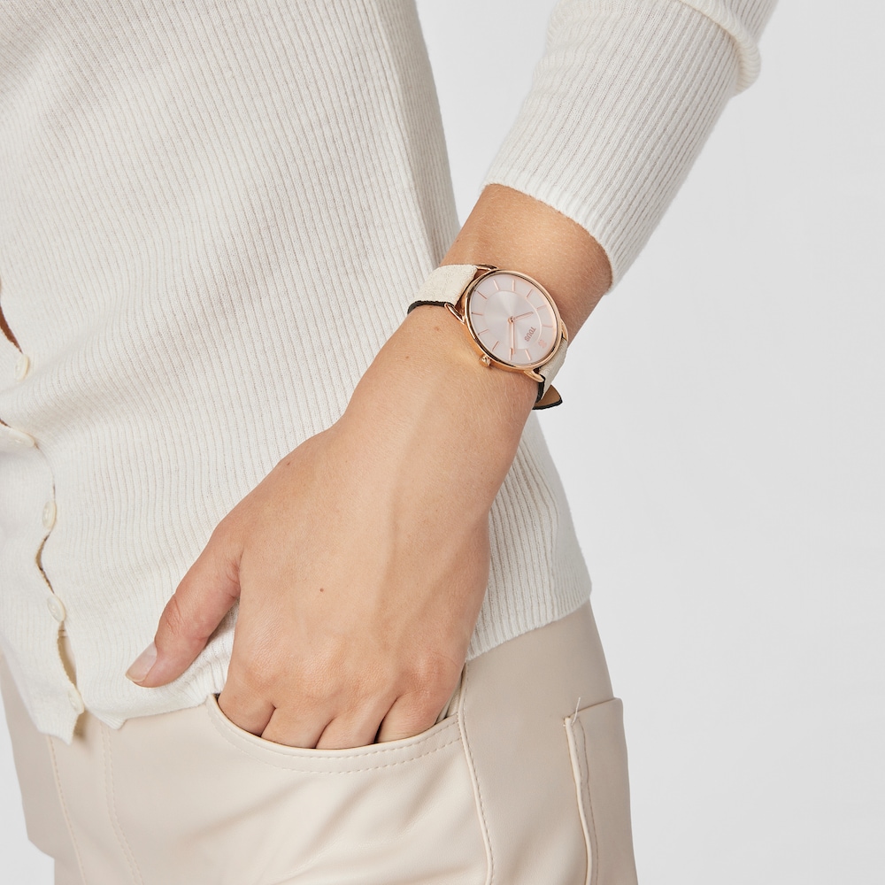 Reloj anal&oacute;gico Dai XL de acero con correa de piel Kaos beige