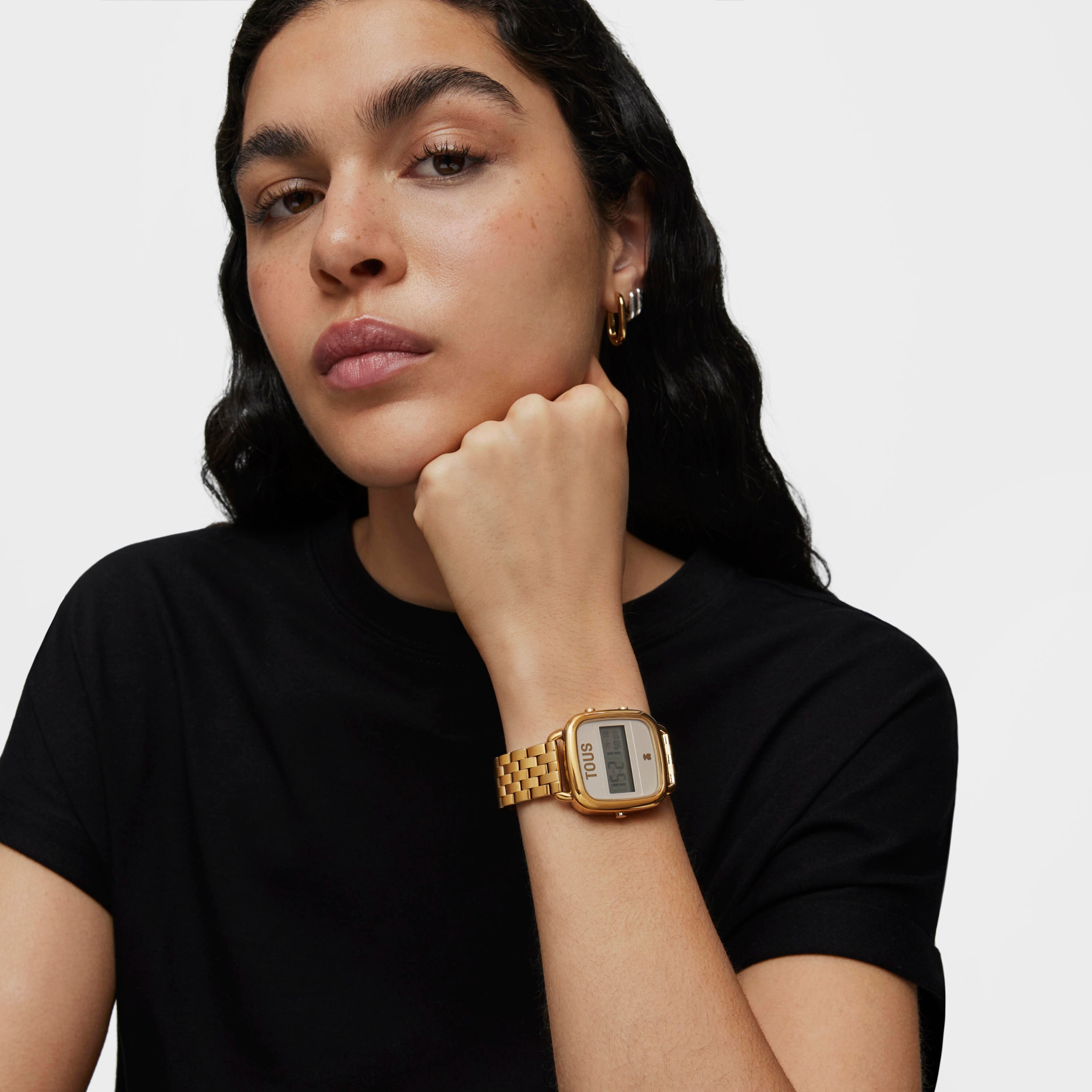 D-Logo Digital watch with gold colored IP steel strap