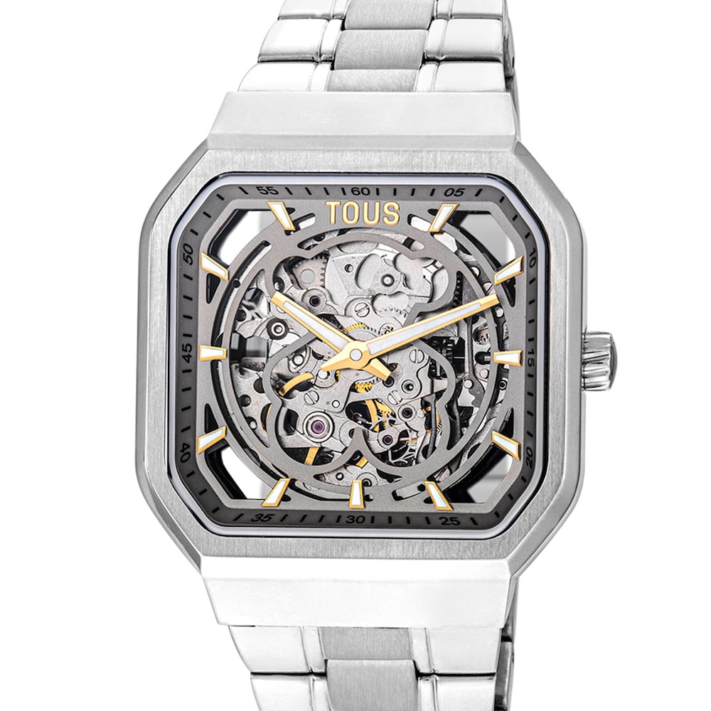 Rel&oacute;gio anal&oacute;gico D-Bear com correia em a&ccedil;o