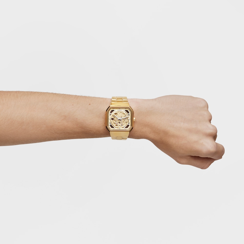 Analogov&eacute; hodinky D-Bear s&nbsp;řem&iacute;nkem z&nbsp;IP oceli v&nbsp;barvě zlata