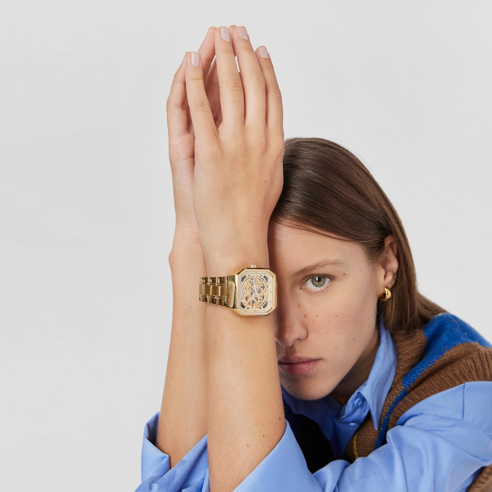 Analogov&eacute; hodinky D-Bear s&nbsp;řem&iacute;nkem z&nbsp;IP oceli v&nbsp;barvě zlata