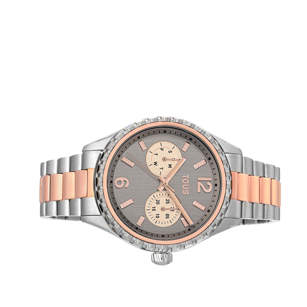 Reloj anal&oacute;gico multifunci&oacute;n con brazalete de acero y acero IP rosado T-Bear