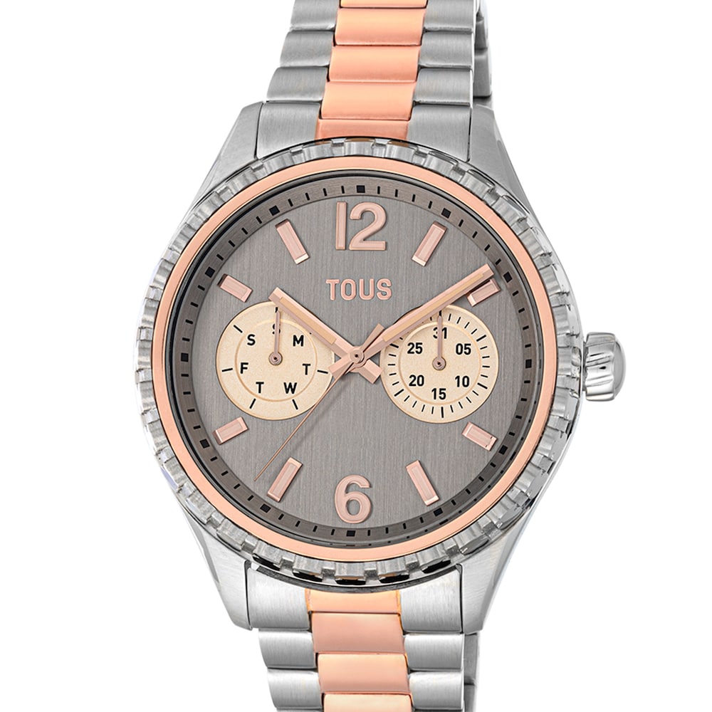 Reloj anal&oacute;gico multifunci&oacute;n con brazalete de acero y acero IP rosado T-Bear