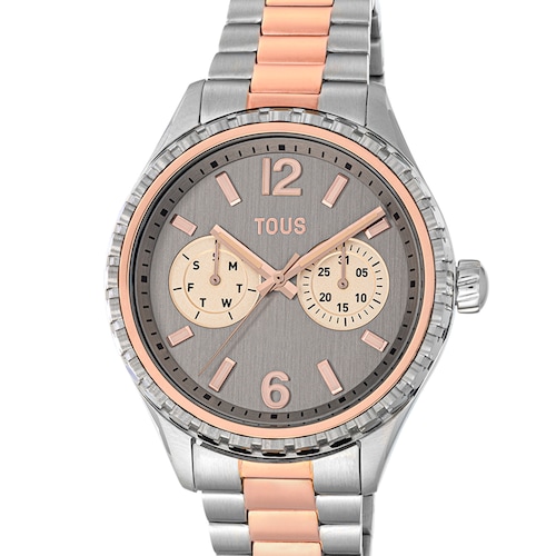 Reloj analógico multifunción con brazalete de acero y acero IP rosado T-Bear