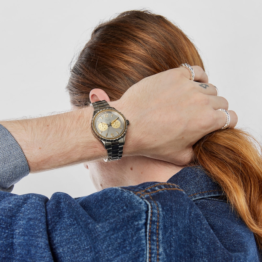 Reloj anal&oacute;gico multifunci&oacute;n con brazalete de acero IP gris y acero IP dorado T-Bear