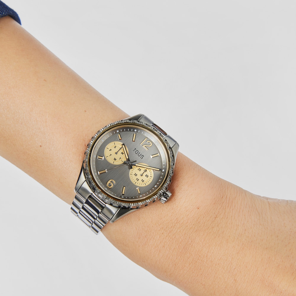 Reloj anal&oacute;gico multifunci&oacute;n con brazalete de acero IP gris y acero IP dorado T-Bear