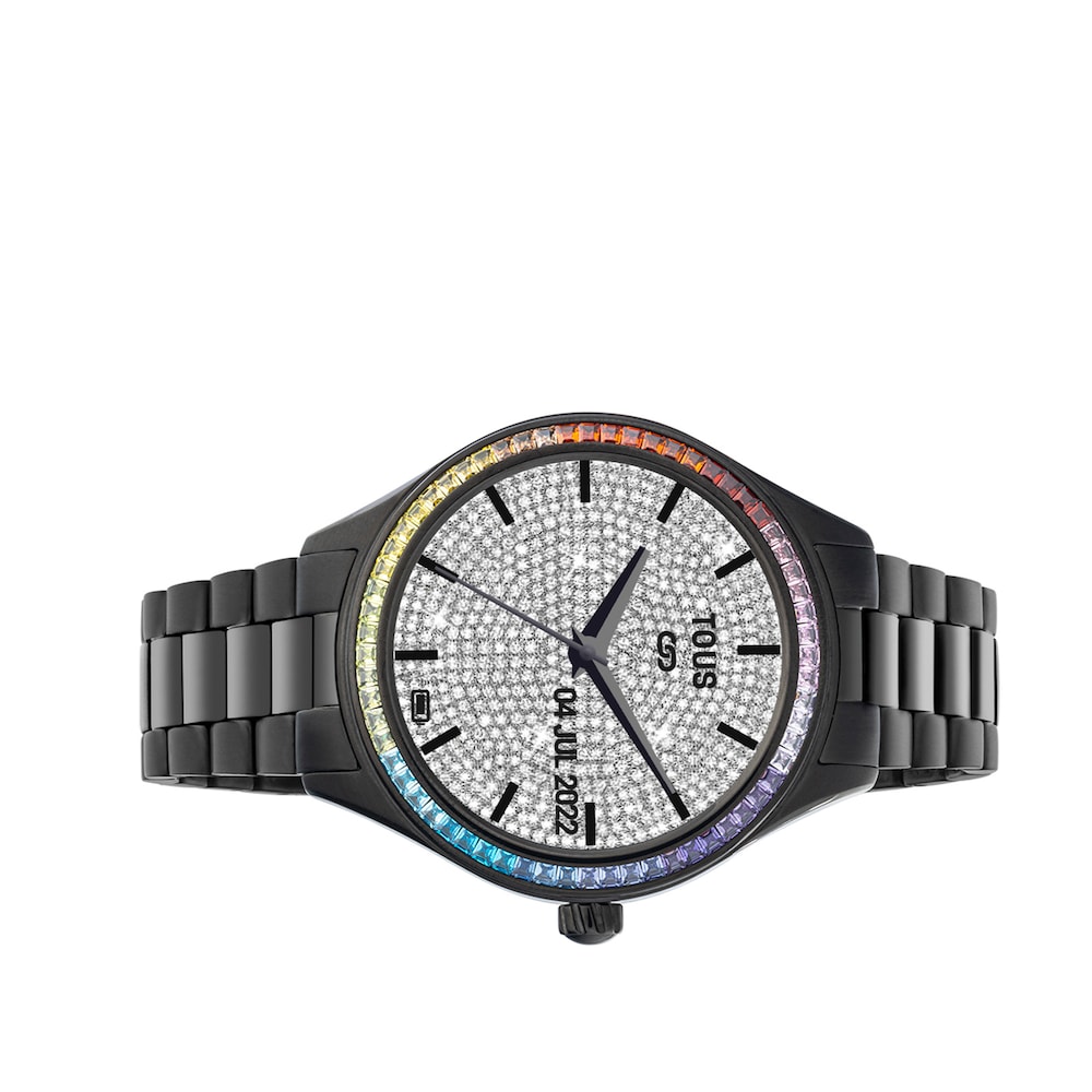 Reloj smartwatch con brazalete de acero IP Negro y zirconias rainbow T-Shine Connect image number 1