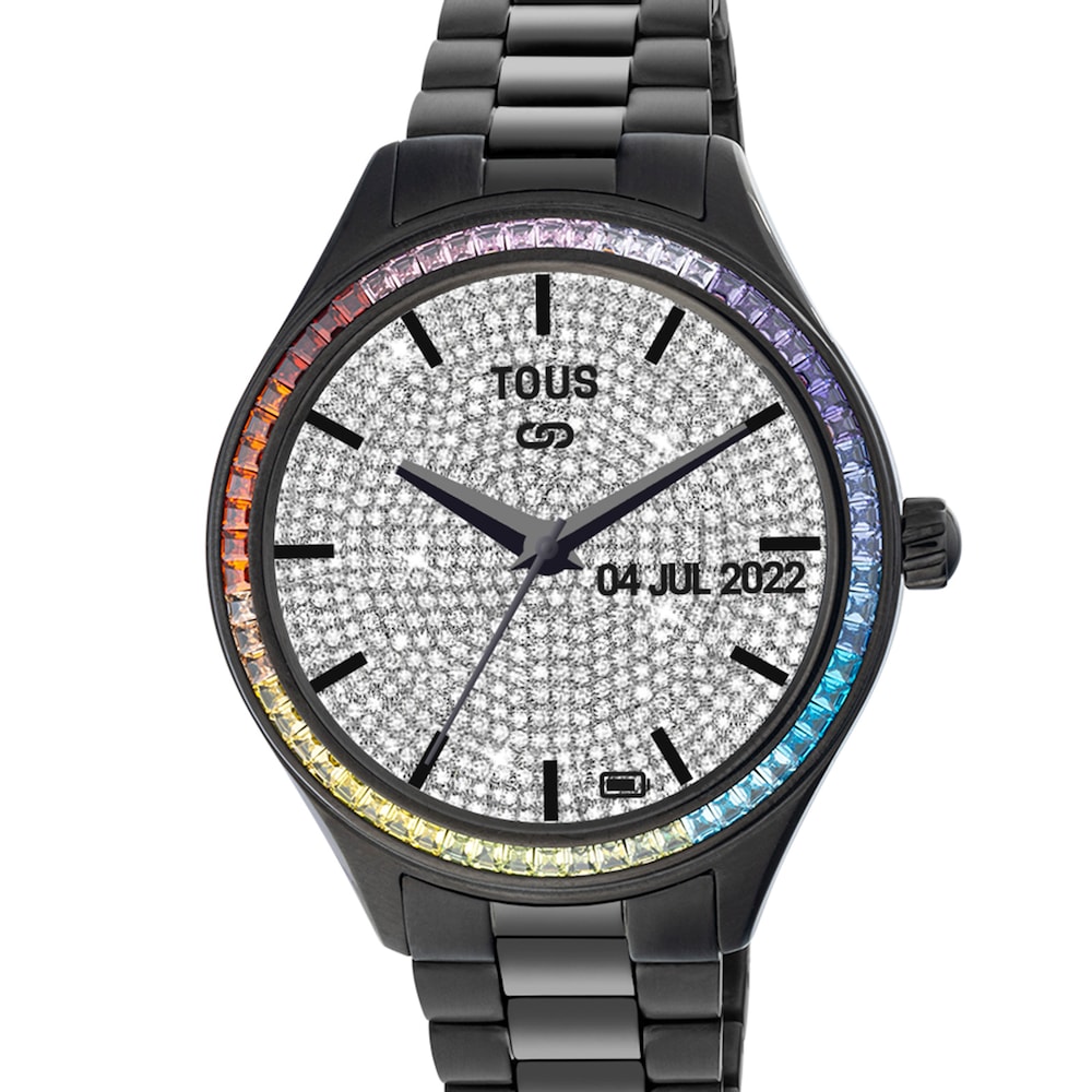 Reloj smartwatch con brazalete de acero IP Negro y zirconias rainbow T-Shine Connect image number 2