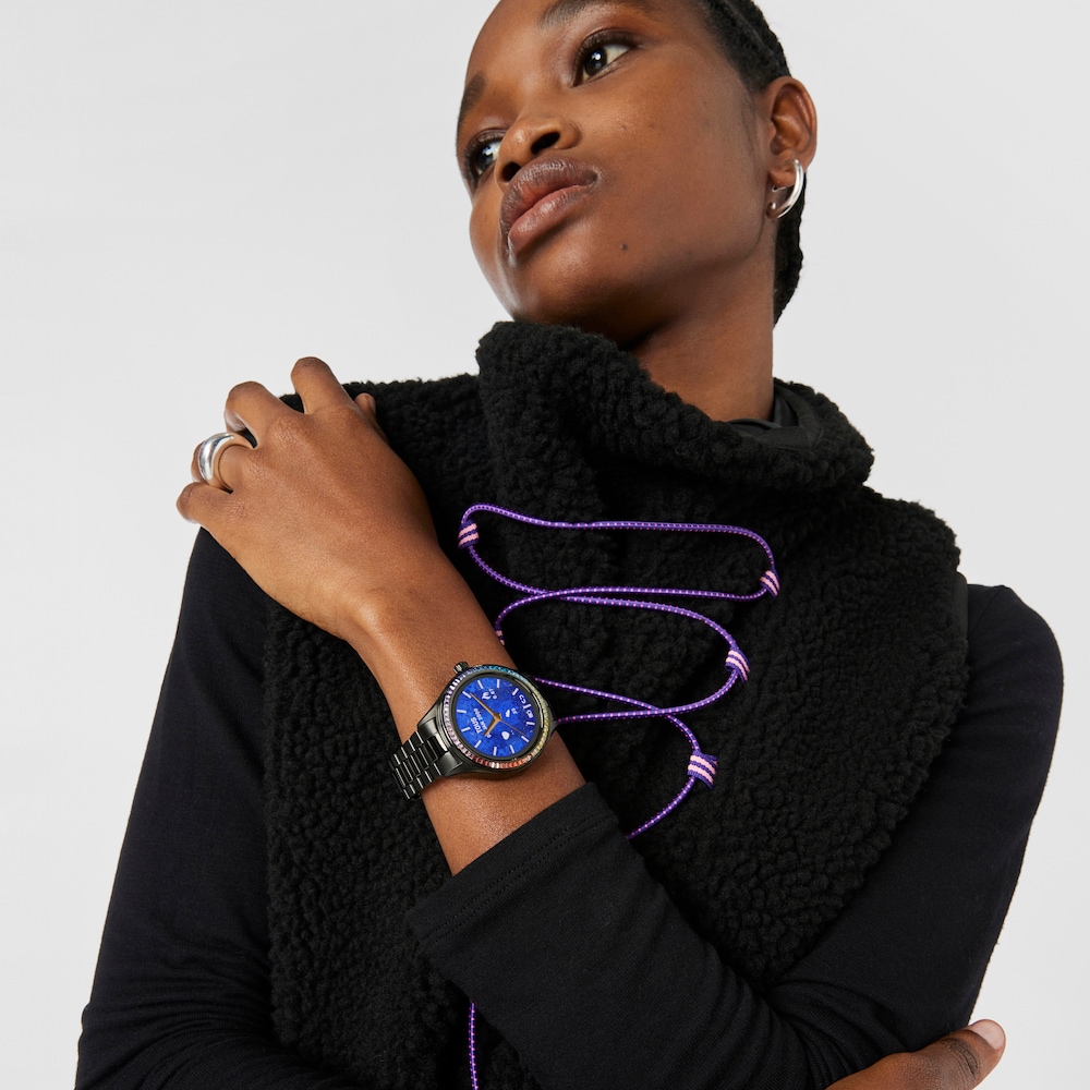 Reloj smartwatch con brazalete de acero IP Negro y zirconias rainbow T-Shine Connect image number 3