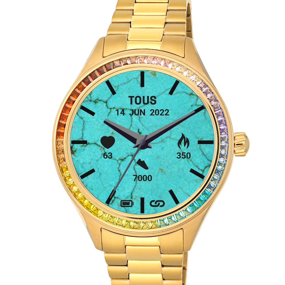 Reloj smartwatch con brazalete de acero IP dorado y zirconias rainbow T-Shine Connect