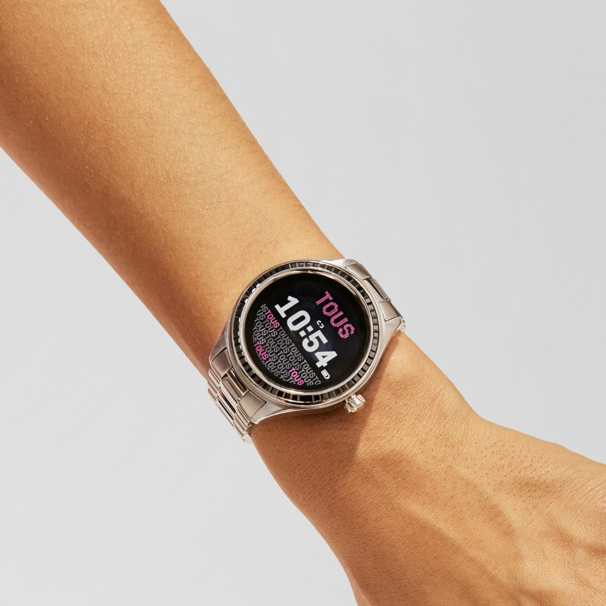 T-Shine Connect Smartwatch with steel wristband with black cubic zirconias
