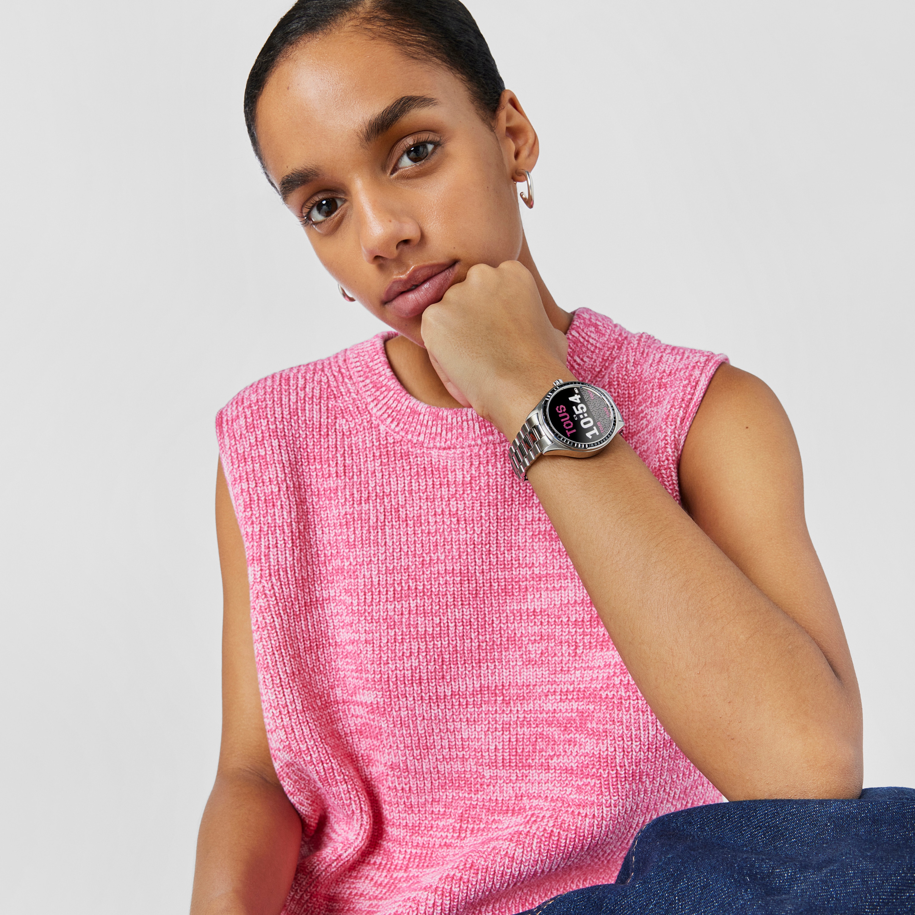 T-Shine Connect Smartwatch with steel wristband with black cubic zirconias