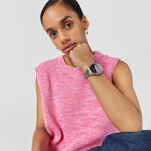 T-Shine Connect Smartwatch with steel wristband with black cubic zirconias