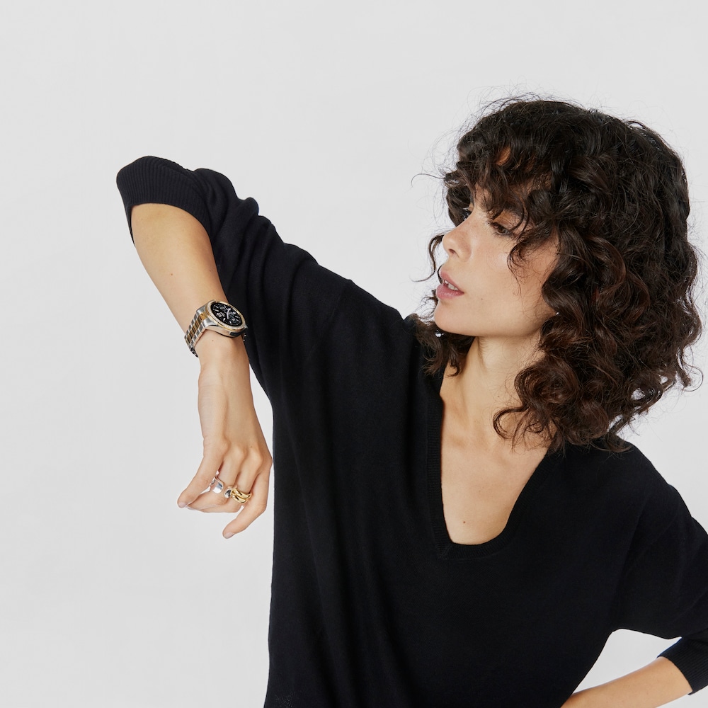 Rel&oacute;gio smartwatch T- Shine Connect com bracelete em a&ccedil;o, a&ccedil;o IP dourado e zirc&oacute;nias brancas