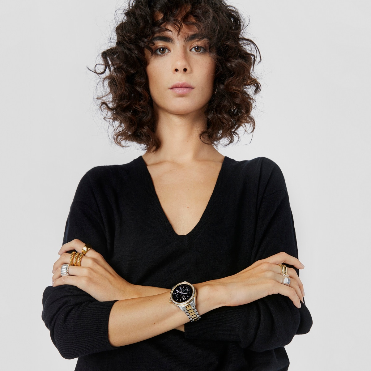 T-Shine Connect Smartwatch with steel and gold-colored IP steel wristband with white cubic zirconias