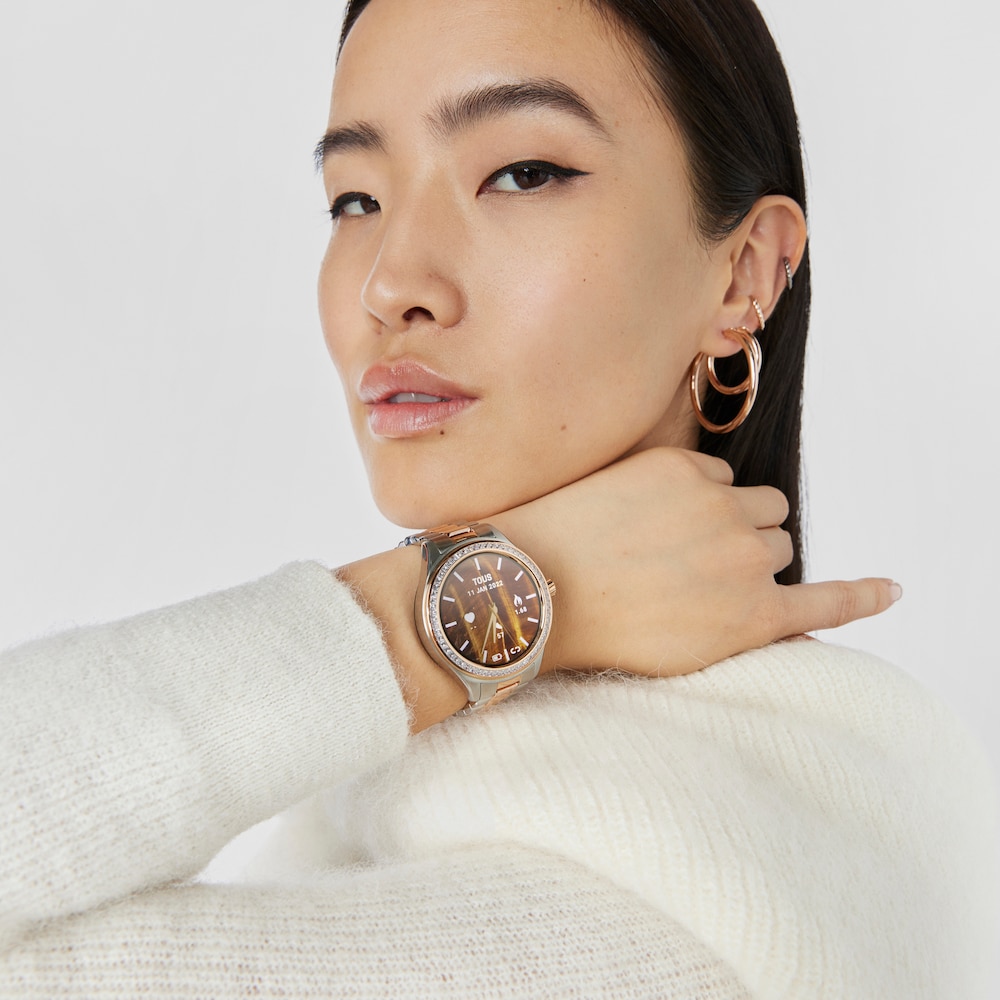 Reloj smartwatch con brazalete de acero, acero IP rosado y zirconias blancas T-Shine Connect image number 3