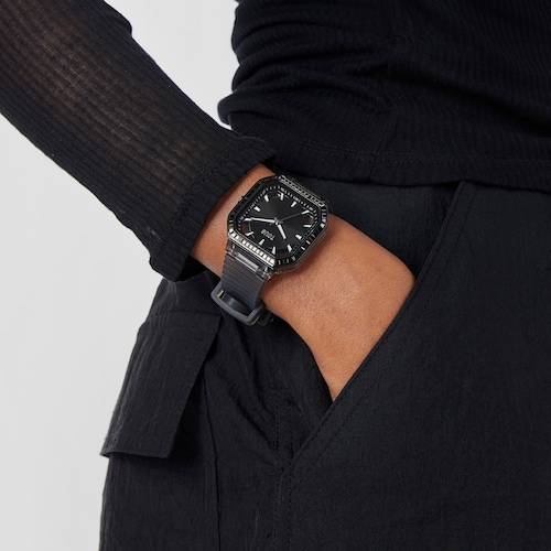 Black IP steel Analogue watch with zirconias Gleam Fresh