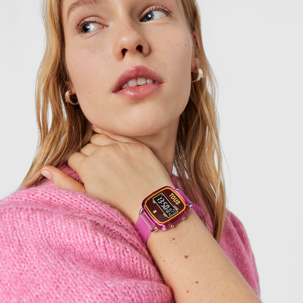 Zegarek cyfrowy D-Logo Fresh w kolorze fuksji wykonany z poliwęglanu i wyposażony w&nbsp;silikonowy pasek