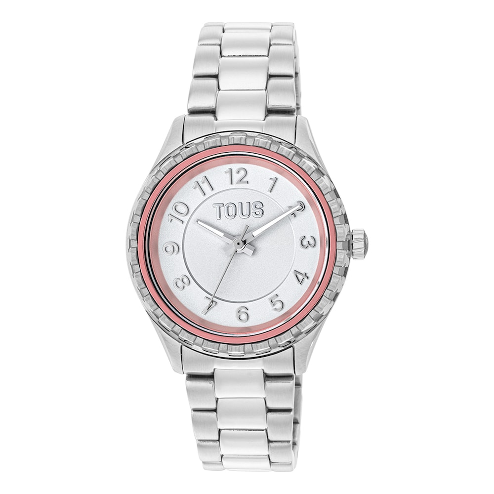 Analogue watch with steel wristband and pink aluminum inner bezel Mini T-Bear