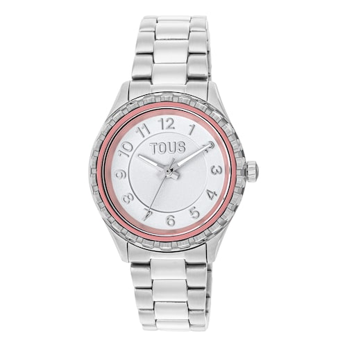 Reloj analógico con brazalete de acero y bisel interior de aluminio rosa Mini T-Bear