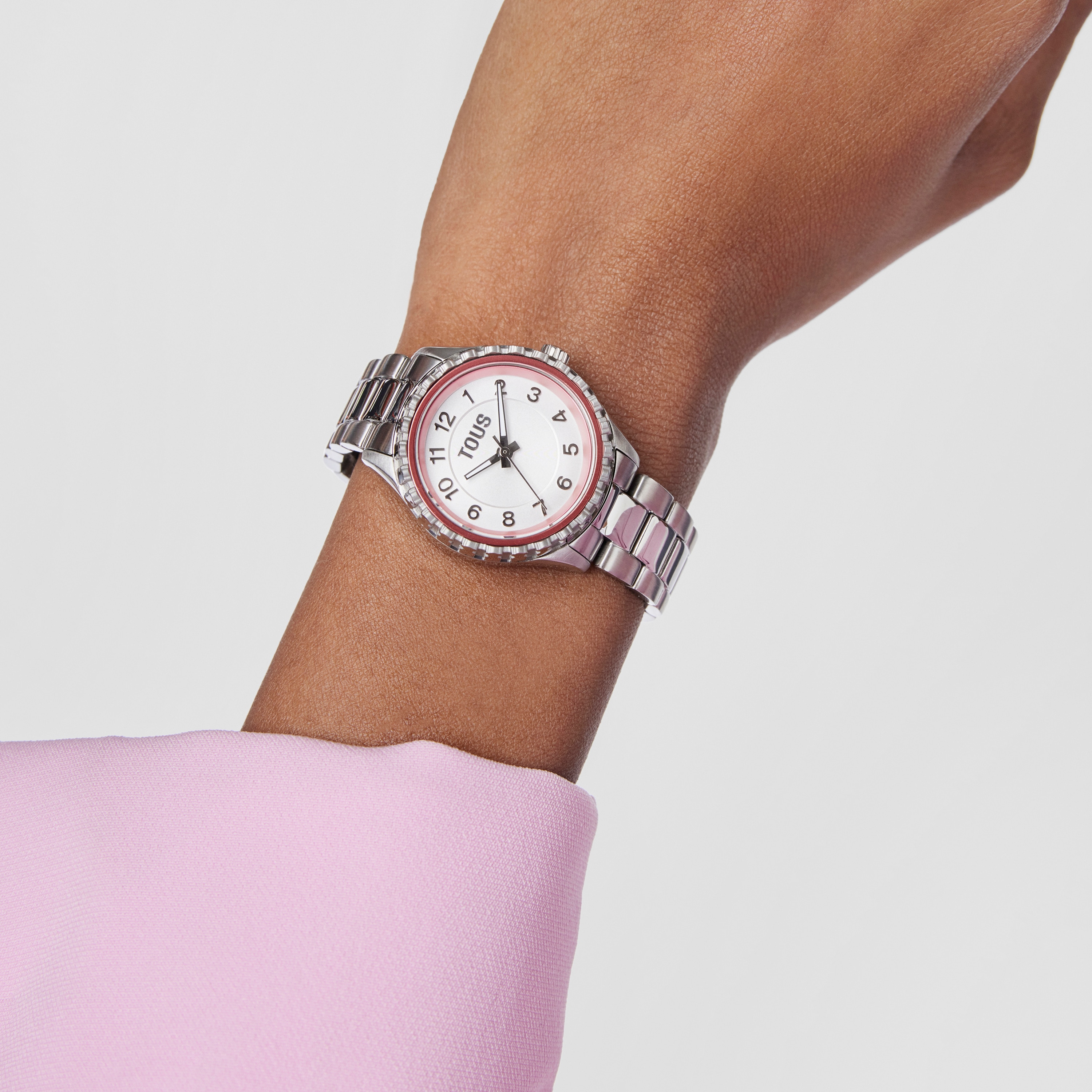 Analogue watch with steel wristband and pink aluminum inner bezel Mini T-Bear
