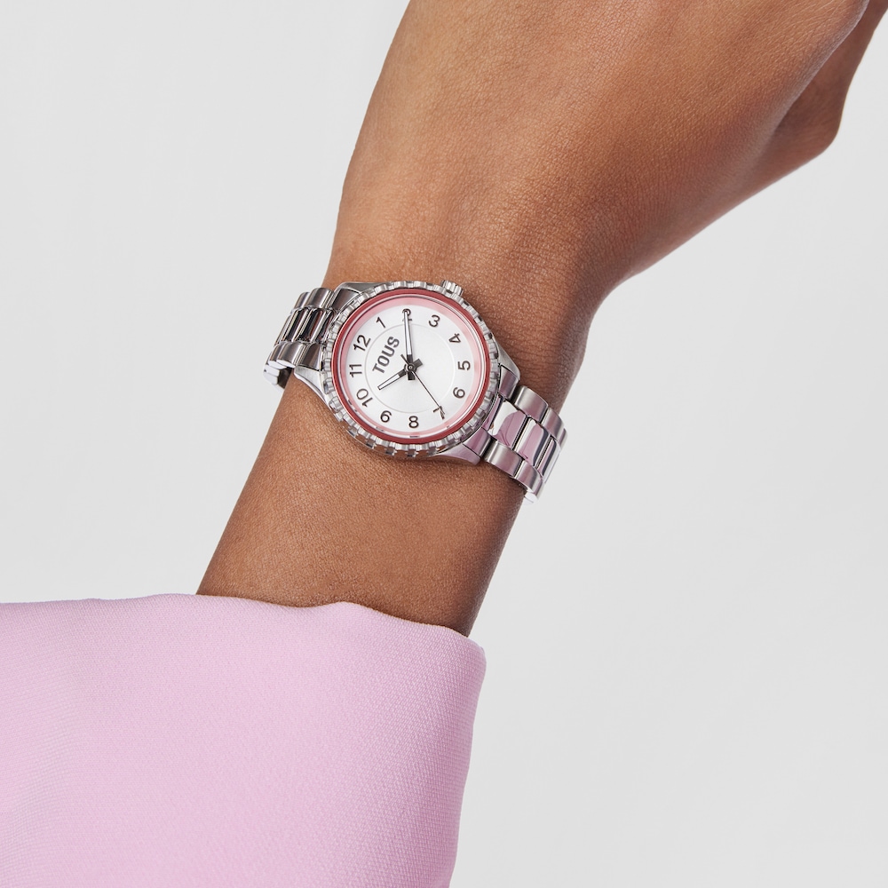 Analogue watch with steel wristband and pink aluminum inner bezel Mini T-Bear