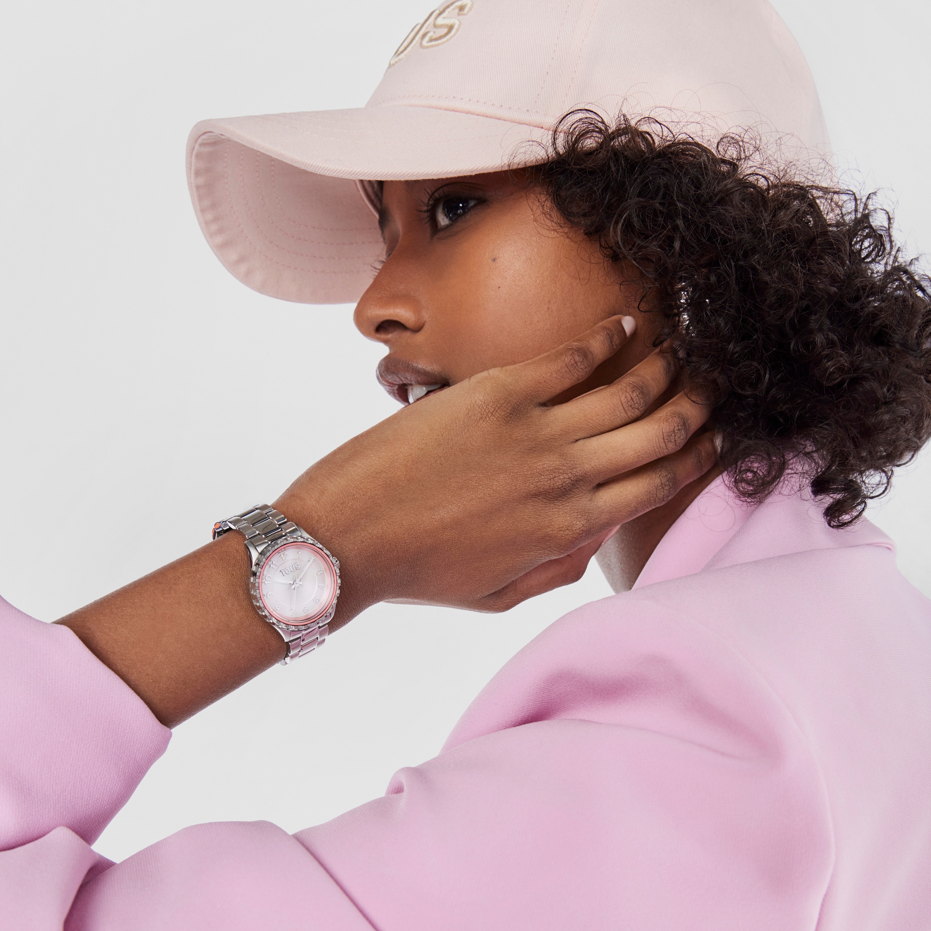 Analogue watch with steel wristband and pink aluminum inner bezel Mini T-Bear