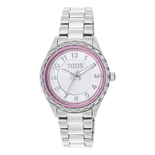 Reloj analógico con brazalete de acero y bisel interior de aluminio malva Mini T-Bear