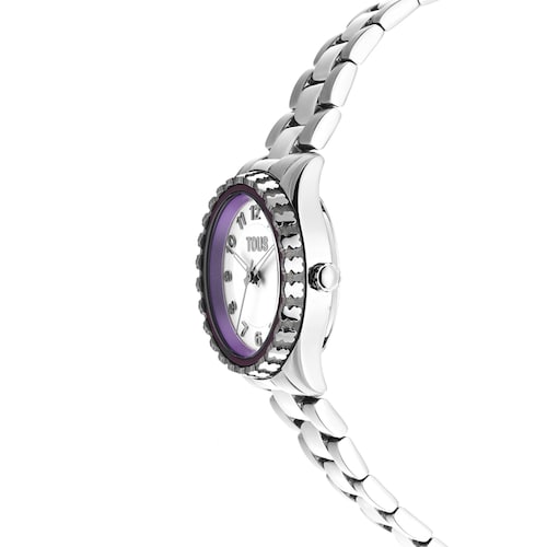 Reloj analógico con brazalete de acero y bisel interior de aluminio malva Mini T-Bear