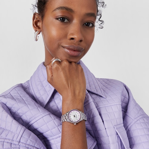Reloj analógico con brazalete de acero y bisel interior de aluminio malva Mini T-Bear