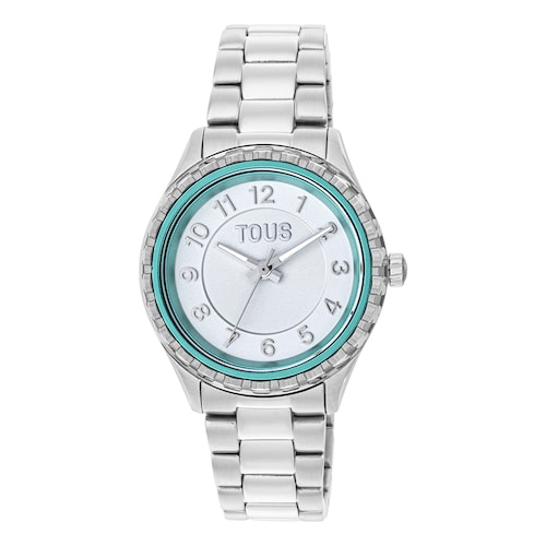 Analogue watch with steel wristband and mint green aluminum inner bezel Mini T-Bear
