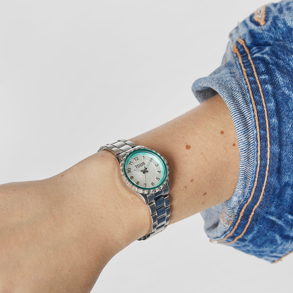 Reloj anal&oacute;gico con brazalete de acero y bisel interior de aluminio menta Mini T-Bear