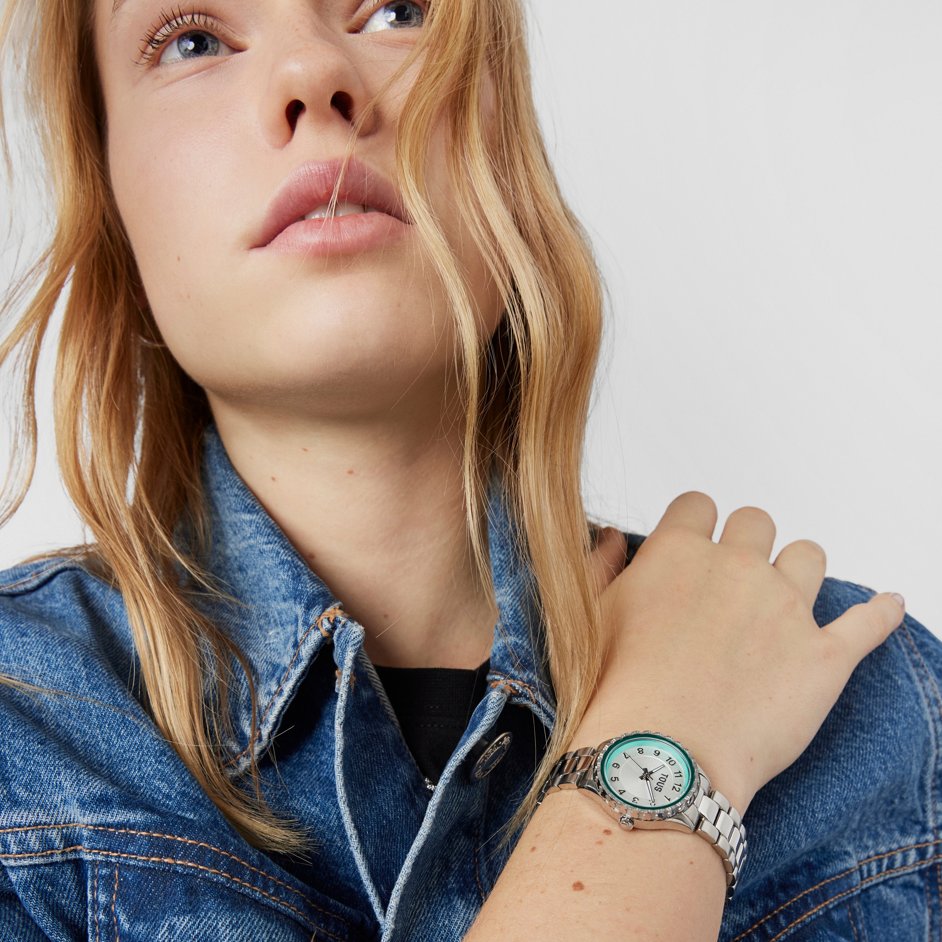 Analogue watch with steel wristband and mint green aluminum inner bezel Mini T-Bear