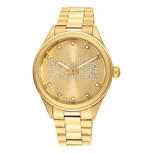Analogue watch with gold-colored IPG steel wristband and crystals T-Logo image number 0