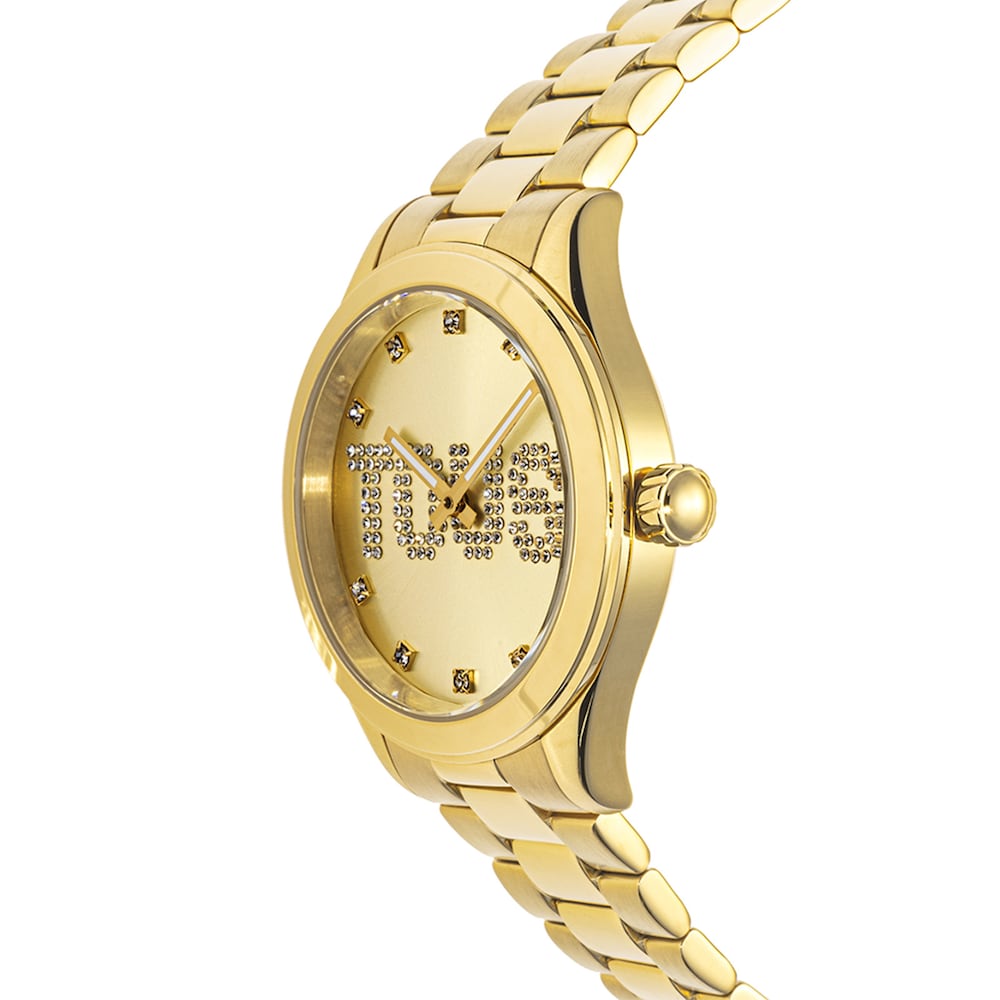 Analogue watch with gold-colored IPG steel wristband and crystals T-Logo image number 1