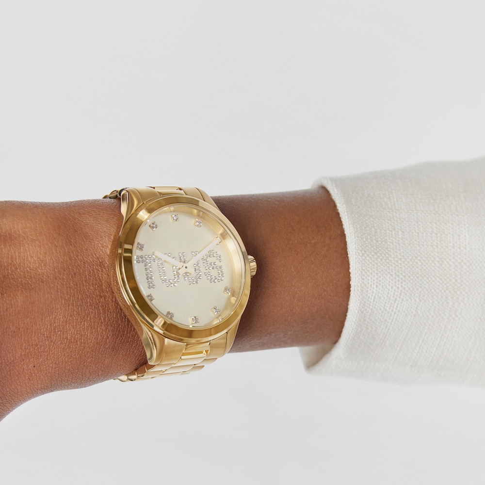 Analogue watch with gold-colored IPG steel wristband and crystals T-Logo image number 4
