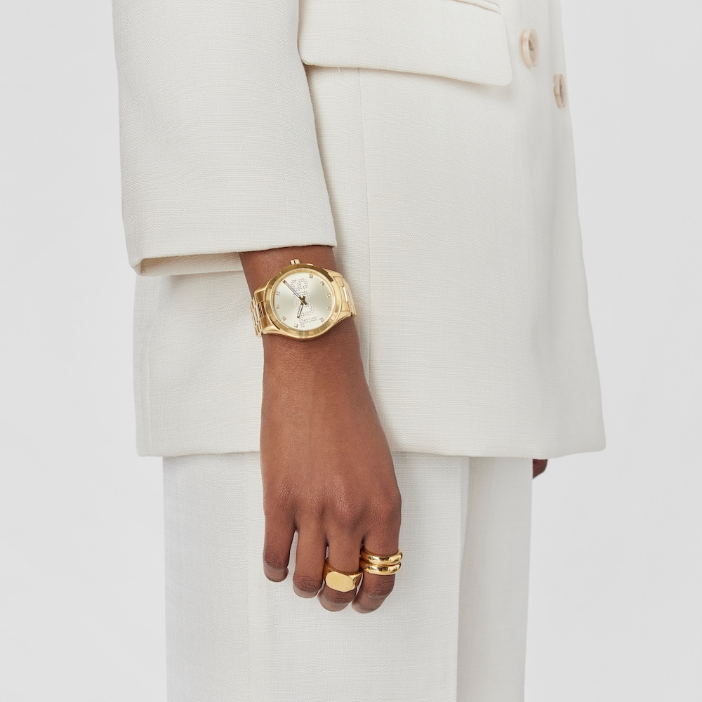Analogue watch with gold-colored IPG steel wristband and crystals T-Logo image number 6