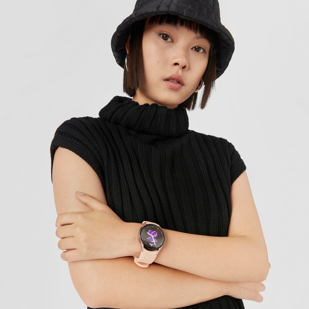 Rel&oacute;gio Samsung Galaxy Watch 5 X TOUS smartwatch em alum&iacute;nio rosa com banda de silicone rosa