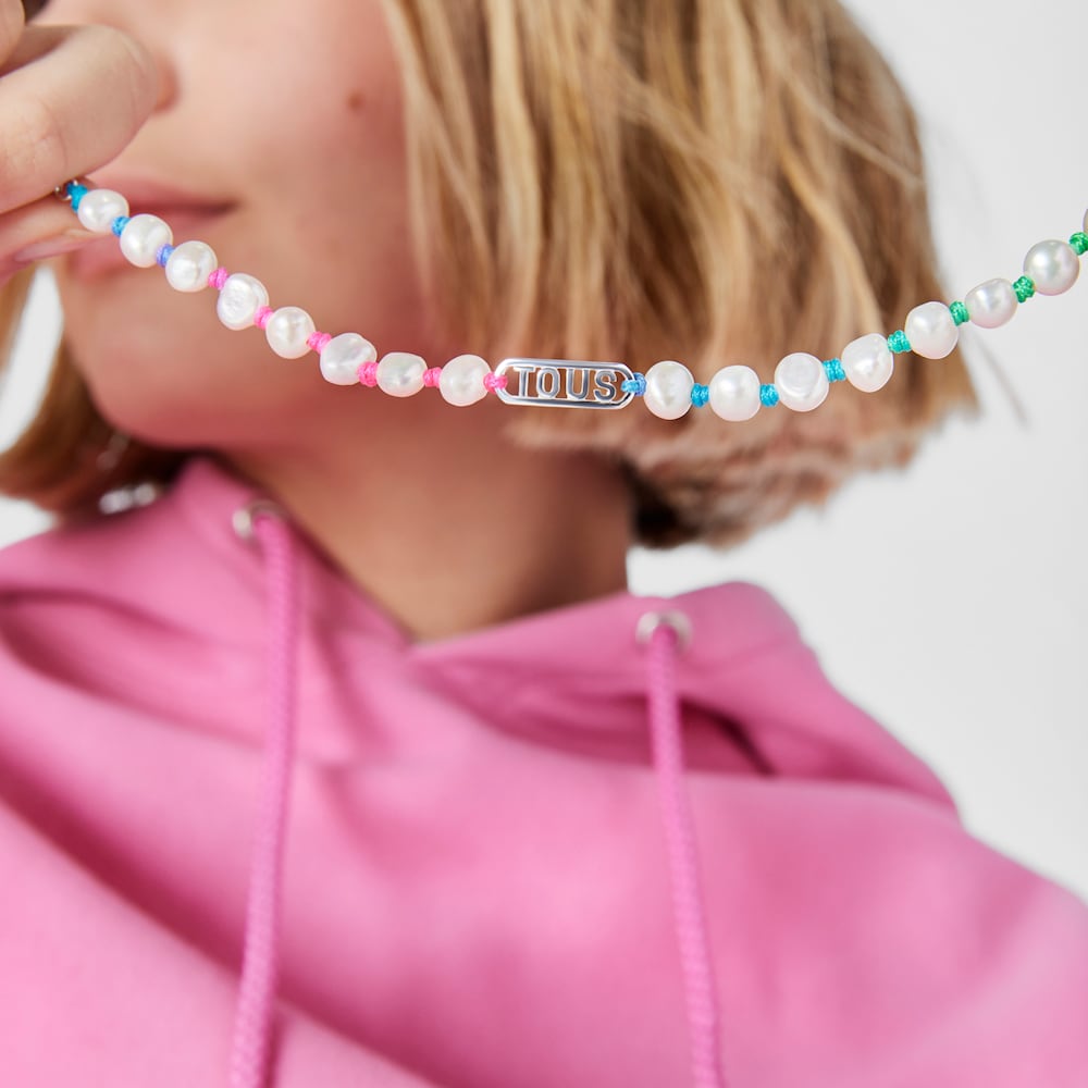 Pulsera de nylon multicolor, plata y perlas cultivadas Logo