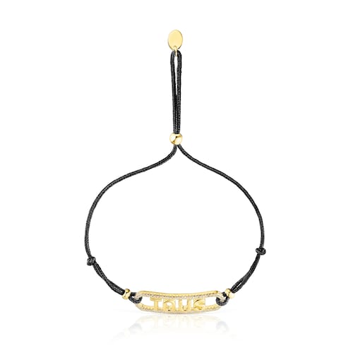 Pulsera de nylon negro, plata con baño de oro 18 kt sobre plata y diamantes Logo
