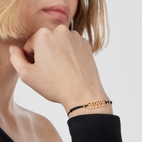 Pulsera de nylon negro, plata con baño de oro 18 kt sobre plata y diamantes Logo