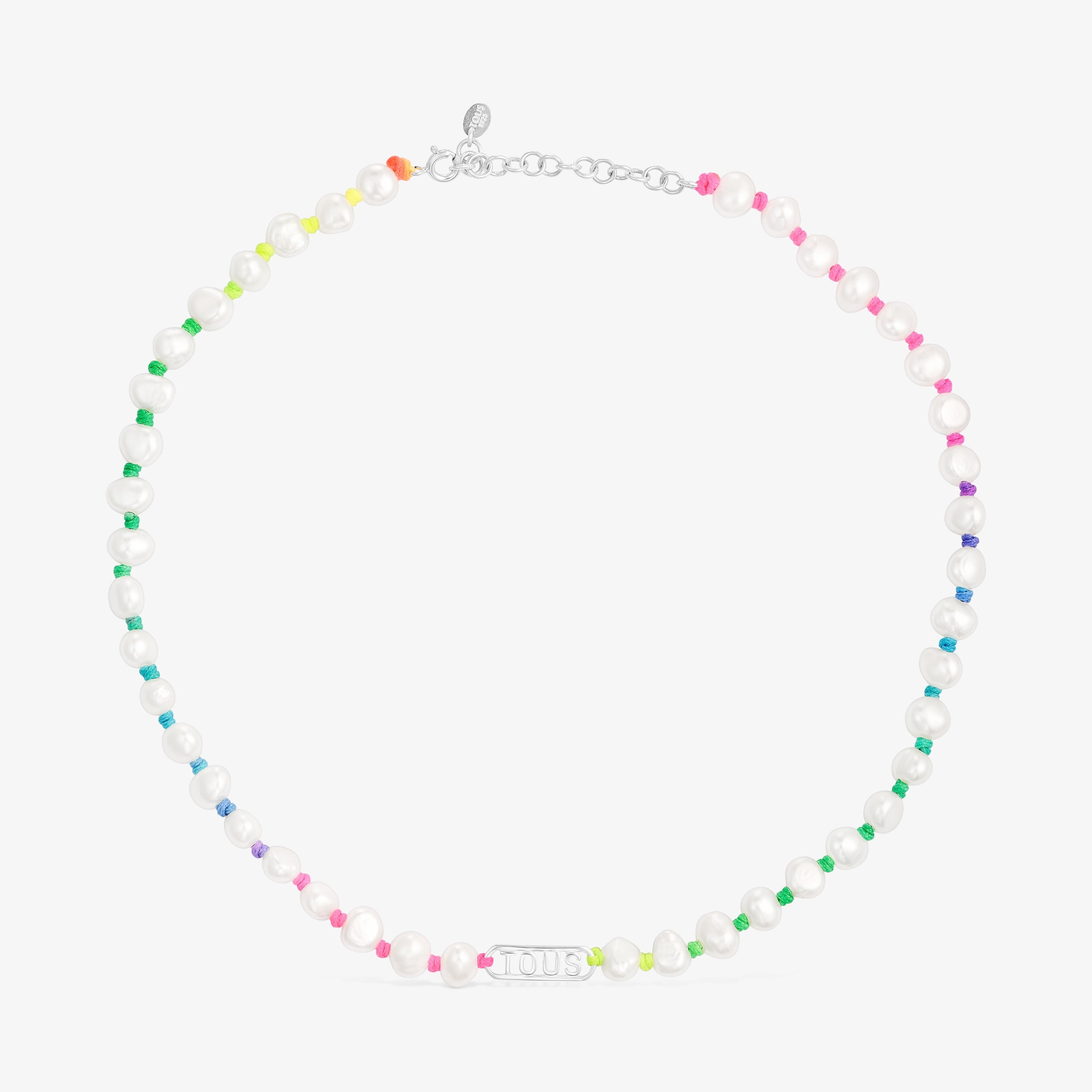Multicolored nylon Necklace with silver and cultured pearls Logo