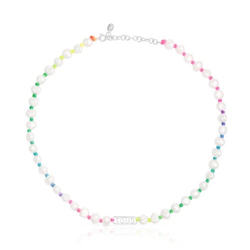 Multicolored nylon Necklace with silver and cultured pearls Logo