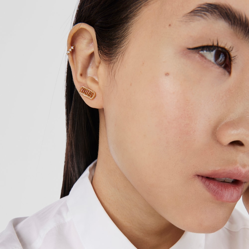 Pendientes trepadores con ba&ntilde;o de oro 18 kt sobre plata y diamantes Logo