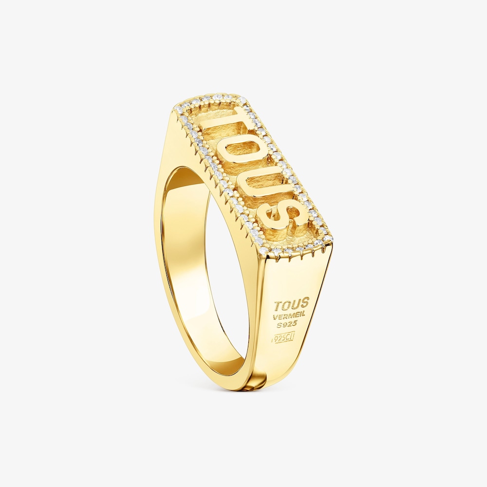 Anel carimbo em prata vermeil e diamantes Logo