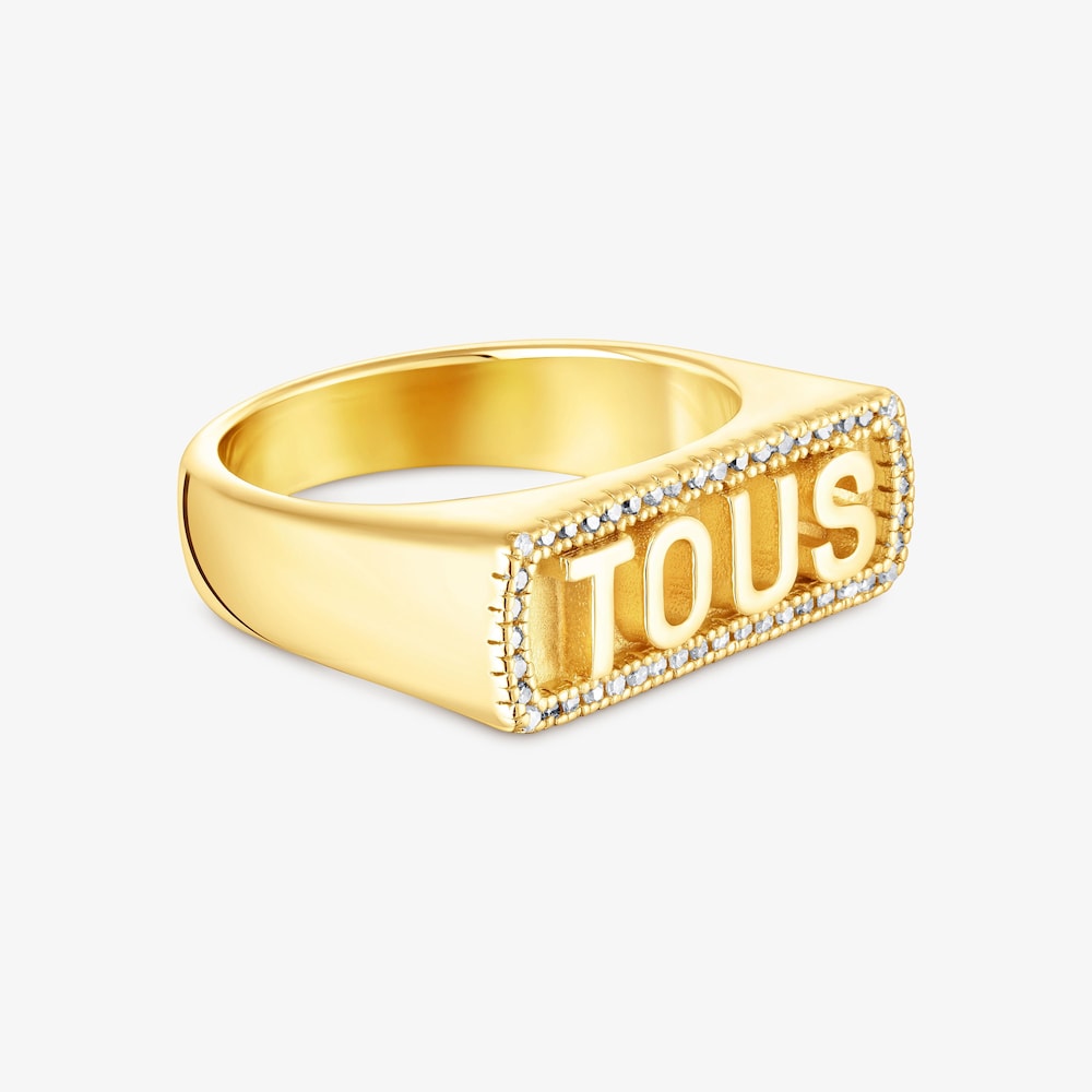 Anel carimbo em prata vermeil e diamantes Logo