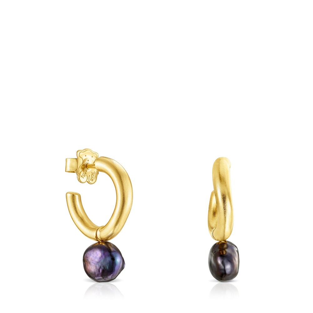 Pendientes aro pequeño con baño de oro 18 kt sobre plata y perla gris Hav image number 0