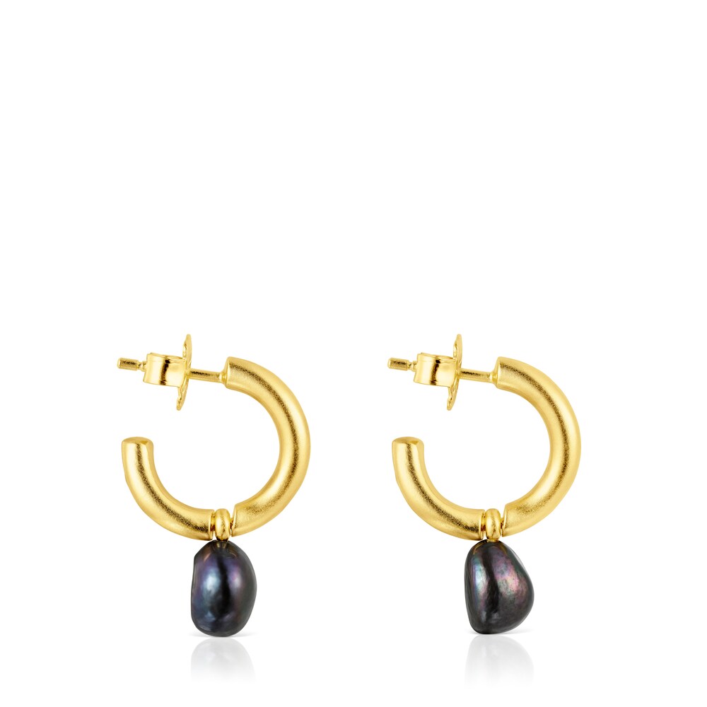 Pendientes aro pequeño con baño de oro 18 kt sobre plata y perla gris Hav image number 1