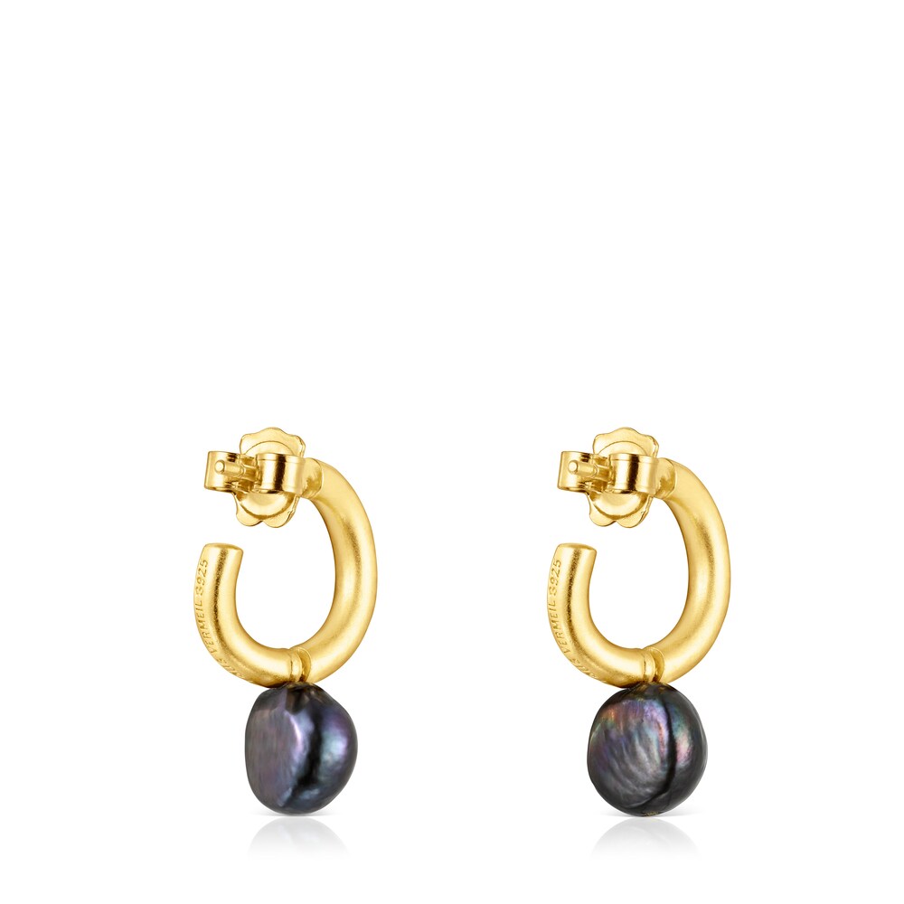 Pendientes aro pequeño con baño de oro 18 kt sobre plata y perla gris Hav image number 2