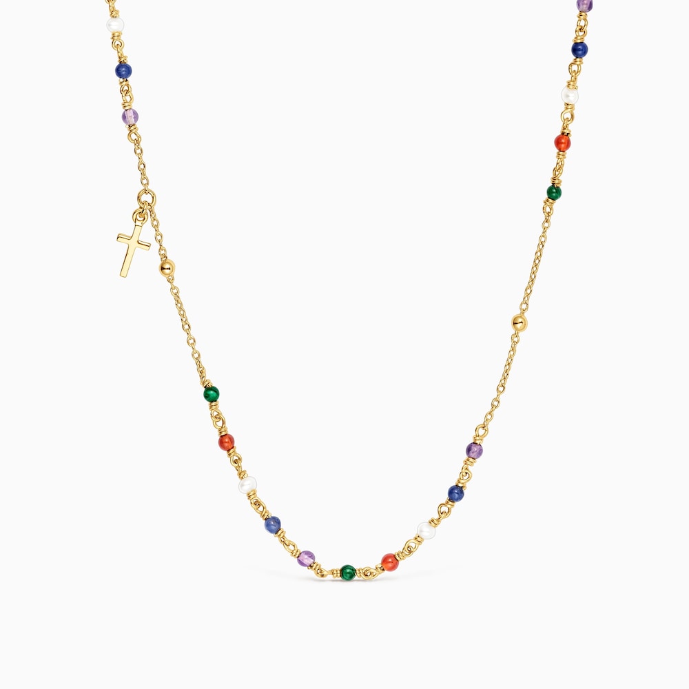Collar rosario con ba&ntilde;o de oro 18 kt sobre plata y gemas y motivo cruz Tamara Falc&oacute; X TOUS